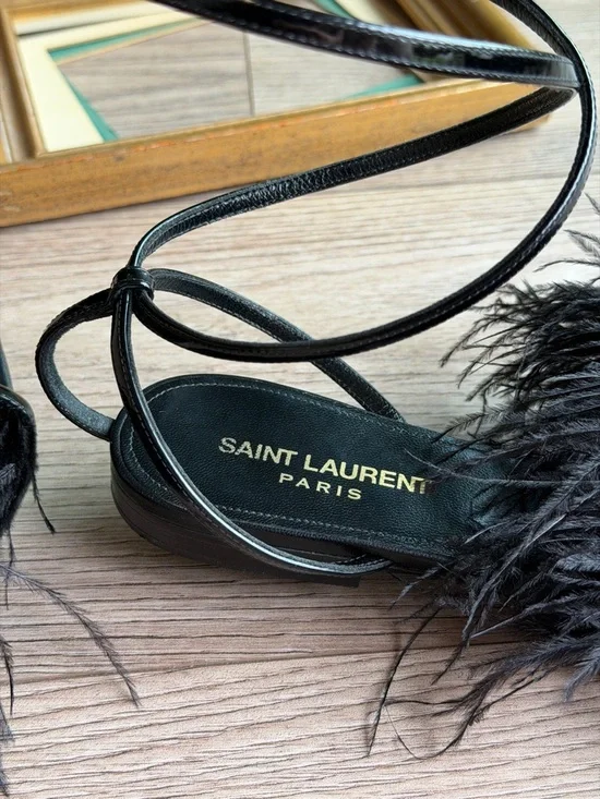 Saint Laurent Ostrich Black Feather-Trim Pointed sandals - Picture 7 of 17